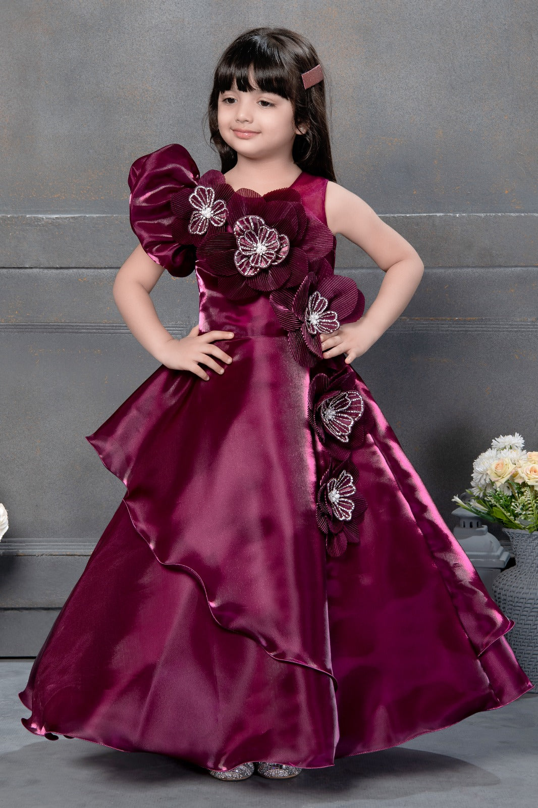 Elegant Maroon Flower Embellished Gown for Girls - Inayah Fashion
