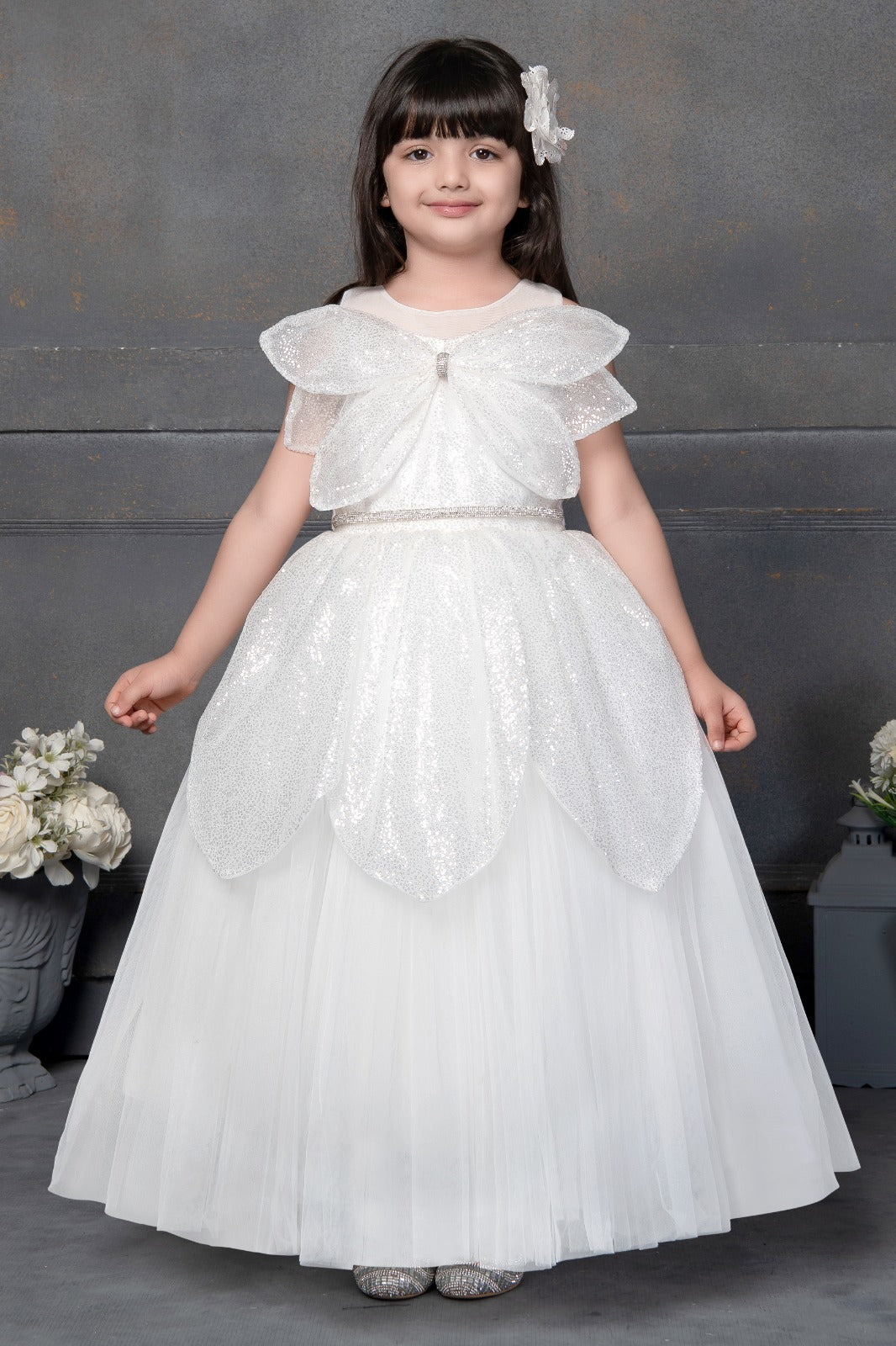 Angel Wings Shimmer White Gown for Girls – Petal Layered Fairy Look - Inayah Fashion