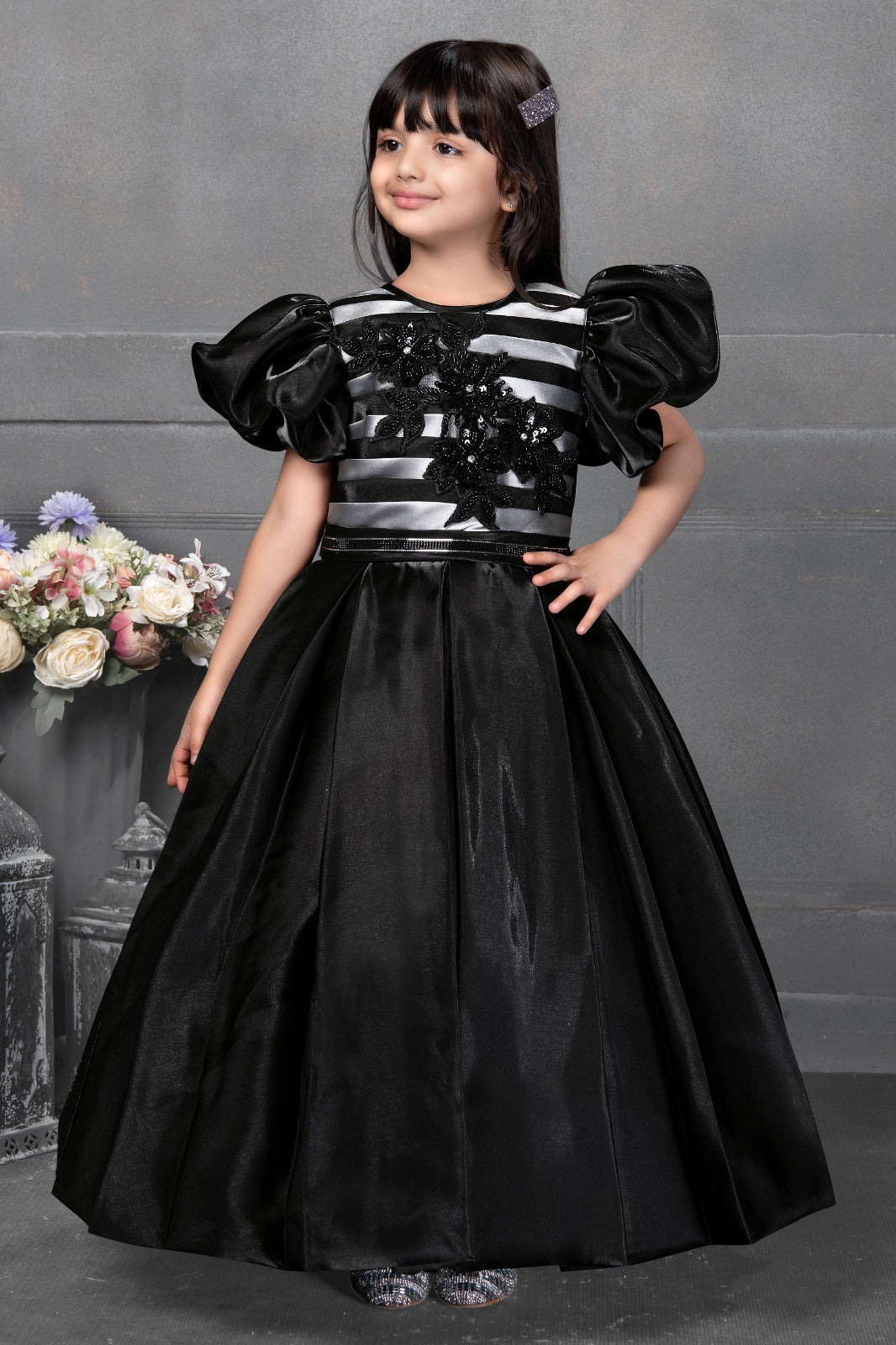 Black Satin Gown for Girls – Puff Sleeve Party Dress with Sequin Floral Applique - Inayah Fashion