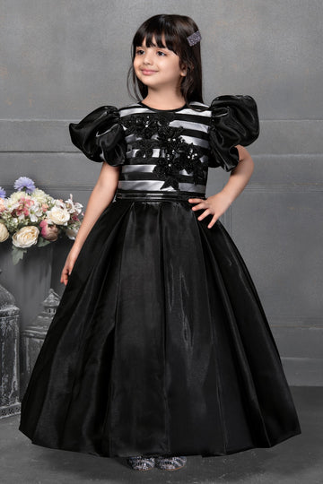 Black Satin Gown for Girls – Puff Sleeve Party Dress with Sequin Floral Applique - Inayah Fashion
