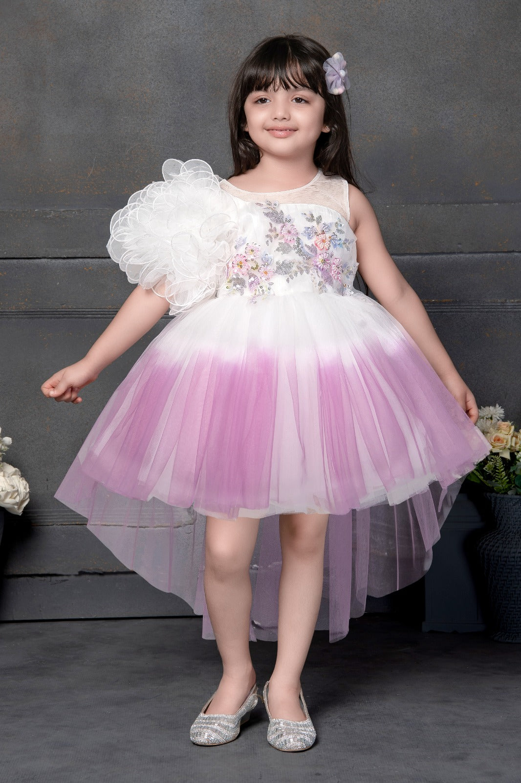 Lavender Ombre High-Low Dress with Floral Applique for Girls - Inayah Fashion