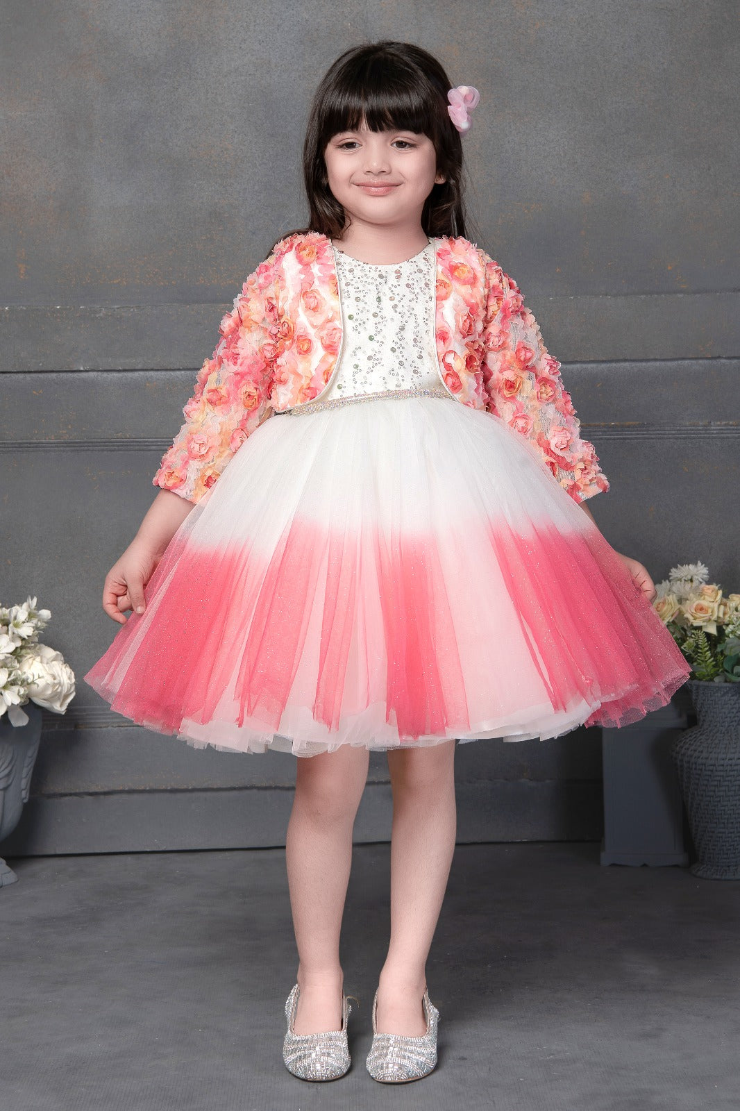 Elegant White and Pink Ombre Party Dress with Floral Jacket for Girls - Inayah Fashion