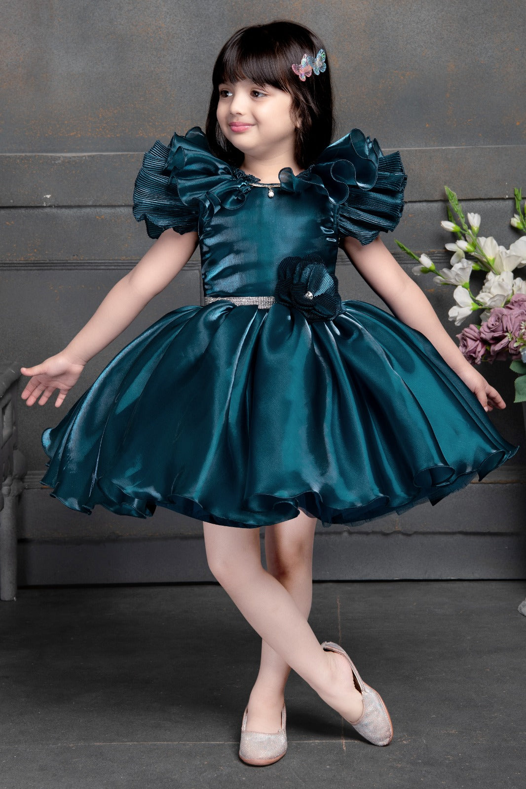 Royal Teal Ruffle Puff Sleeves Party Dress for Girls – Satin Shine Finish - Inayah Fashion
