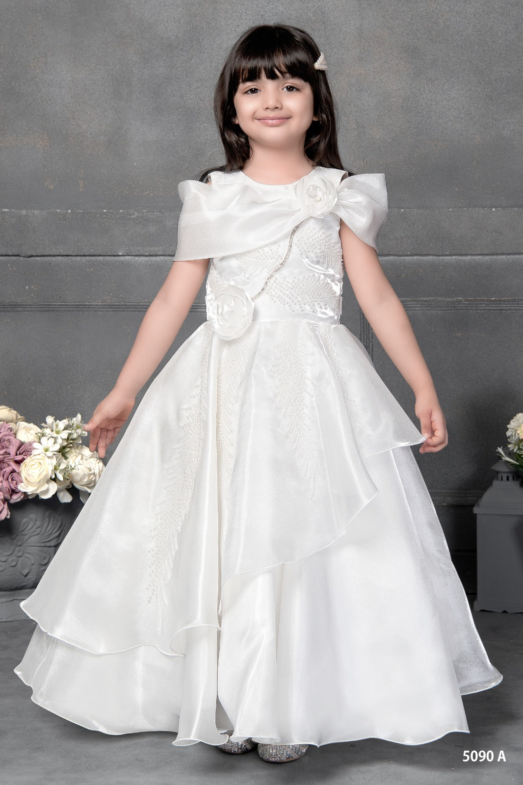 Ivory White Satin Gown with Bow and Floral Embellishments for Girls - Inayah Fashion