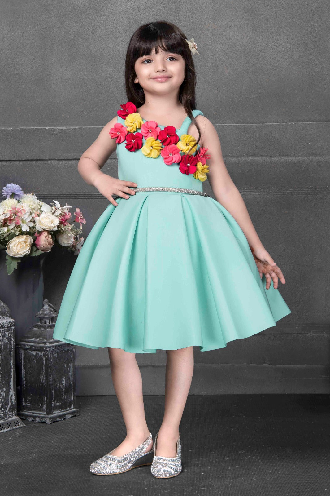 Aqua Blue Floral Embellished Party Dress for Girls - Inayah Fashion
