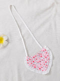 Pink tulip print frock for girls with white puff sleeves and heart sling bag – additional view