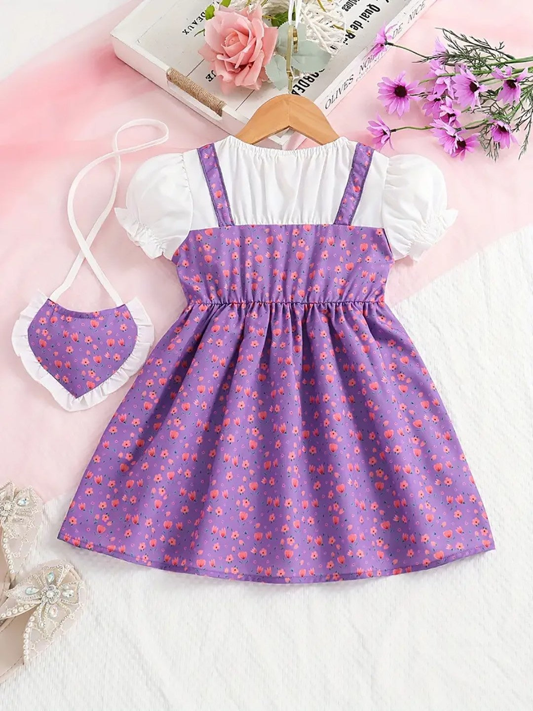 Adorable Purple Floral Print Baby Girl Dress Set – Puff Sleeve White Top with Strappy Frock - Inayah Fashion