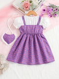Adorable Purple Floral Print Baby Girl Dress Set – Puff Sleeve White Top with Strappy Frock - Inayah Fashion