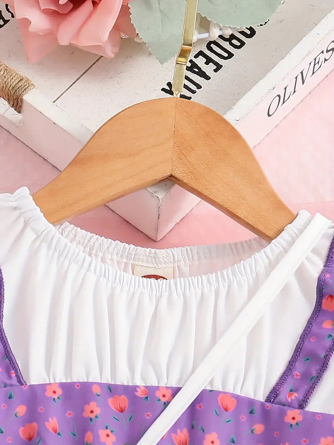 Adorable Purple Floral Print Baby Girl Dress Set – Puff Sleeve White Top with Strappy Frock - Inayah Fashion