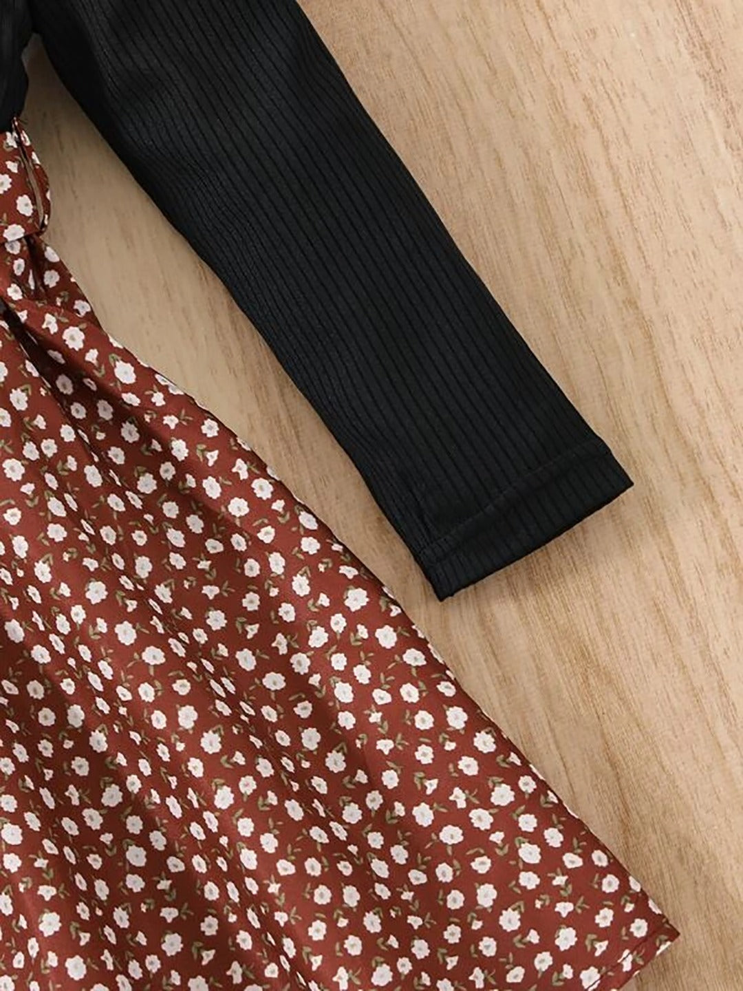 Black Ruffle Long-Sleeve Top with Brown Floral Skirt and Bow for Girls - Inayah Fashion