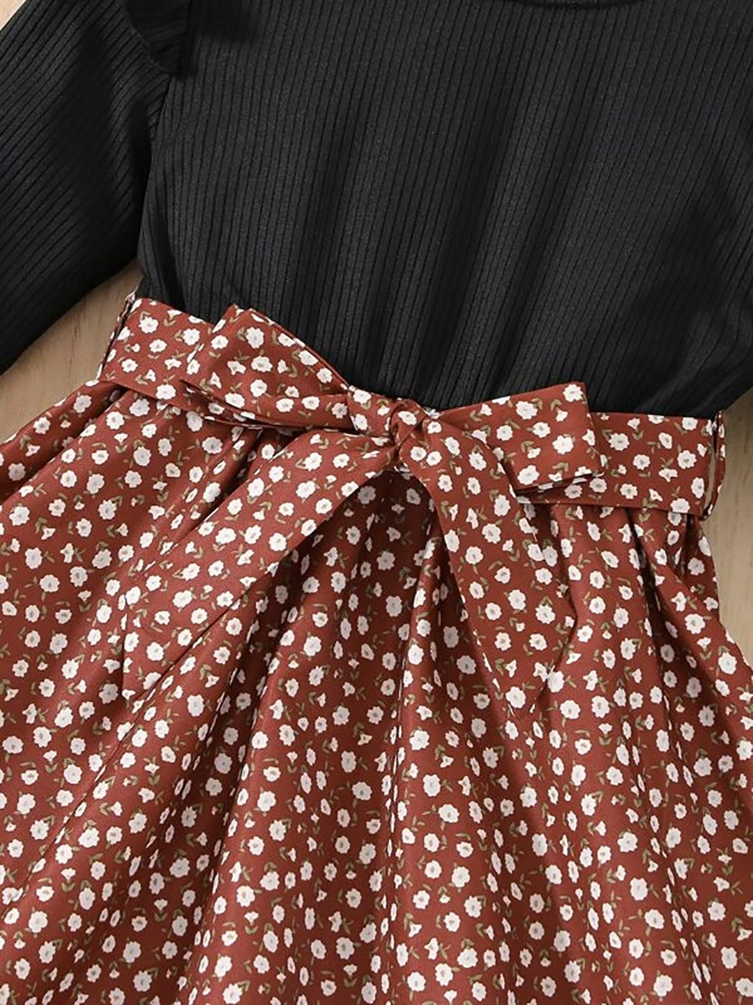 Black Ruffle Long-Sleeve Top with Brown Floral Skirt and Bow for Girls - Inayah Fashion