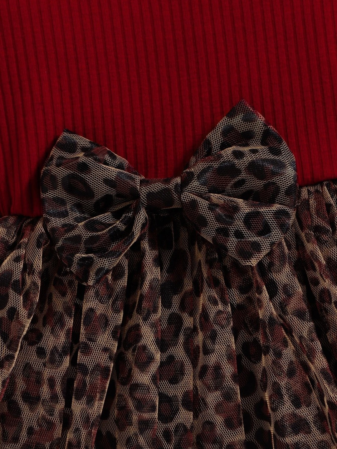 Trendy Maroon & Leopard Print Baby Girl Dress – Ribbed Puff Sleeve Top with Layered Animal Print Net Dress - Inayah Fashion