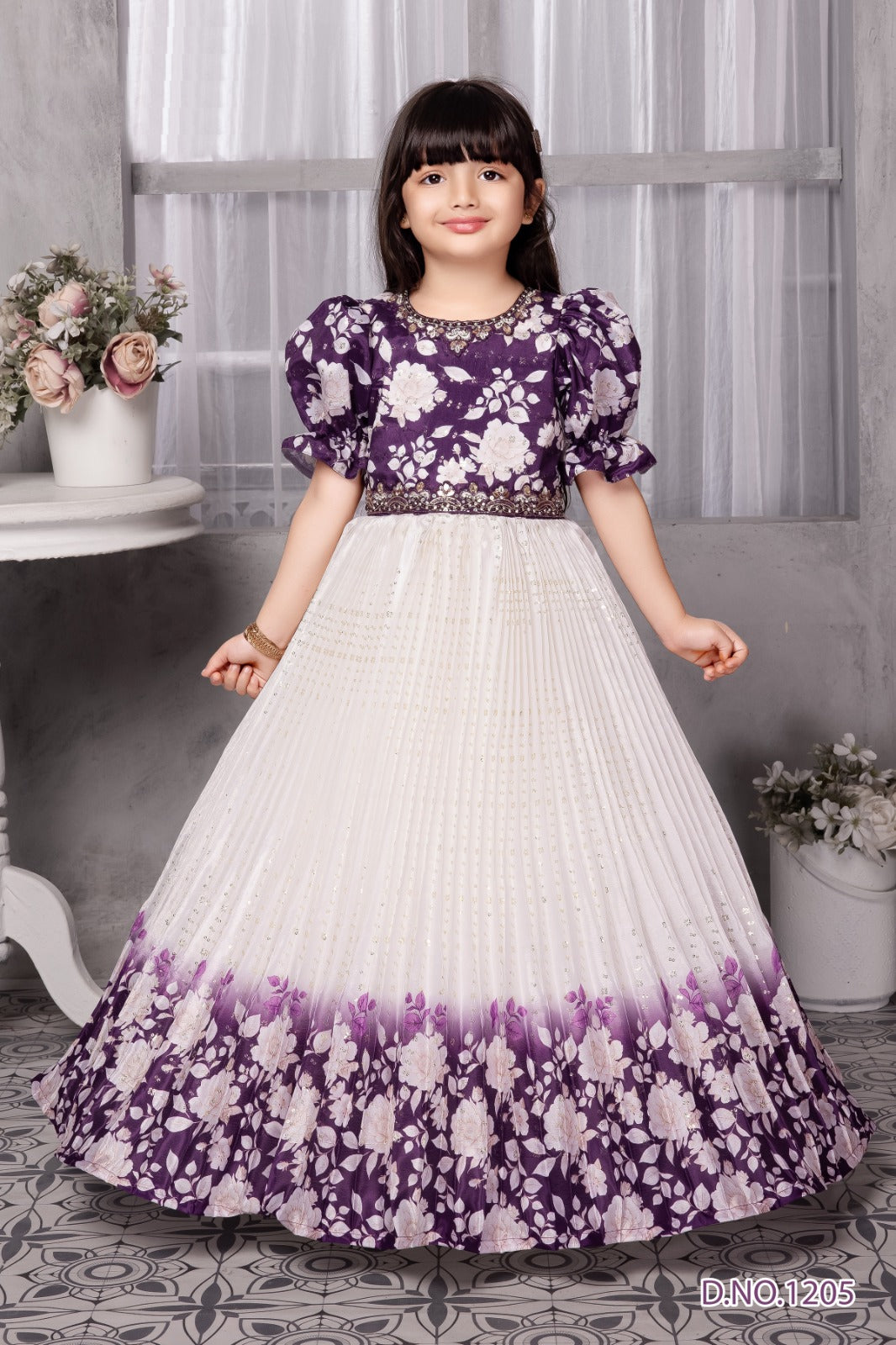Purple & White Floral Ombre Gown for Girls with Puff Sleeves, Pearl Embellishments & Pleated Flair Gown - Inayah Fashion