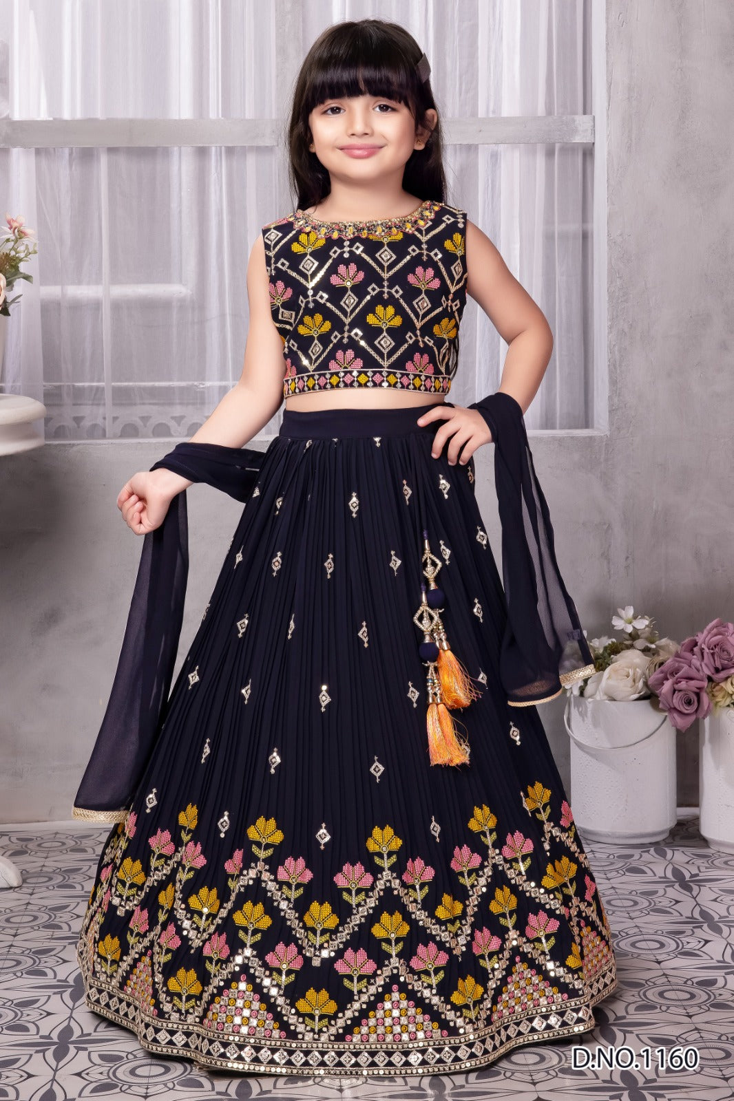 Navy Blue Embroidered Lehenga Choli Set for Girls with Mirror and Floral Work, Tassel Latkan Dress - Inayah Fashion