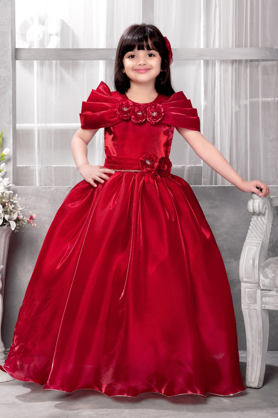 Royal Red Satin Ball Gown for Girls with Oversized Shoulder Bow, Floral Applique Gown - Inayah Fashion