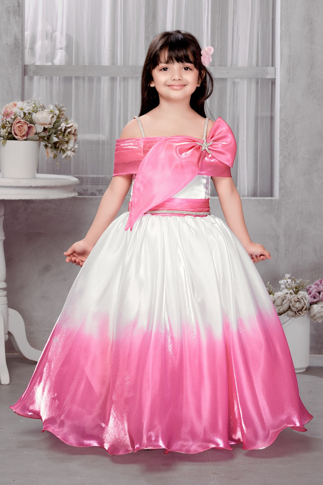 Elegant Pink & White Partywear Gown for Girls - Inayah Fashion