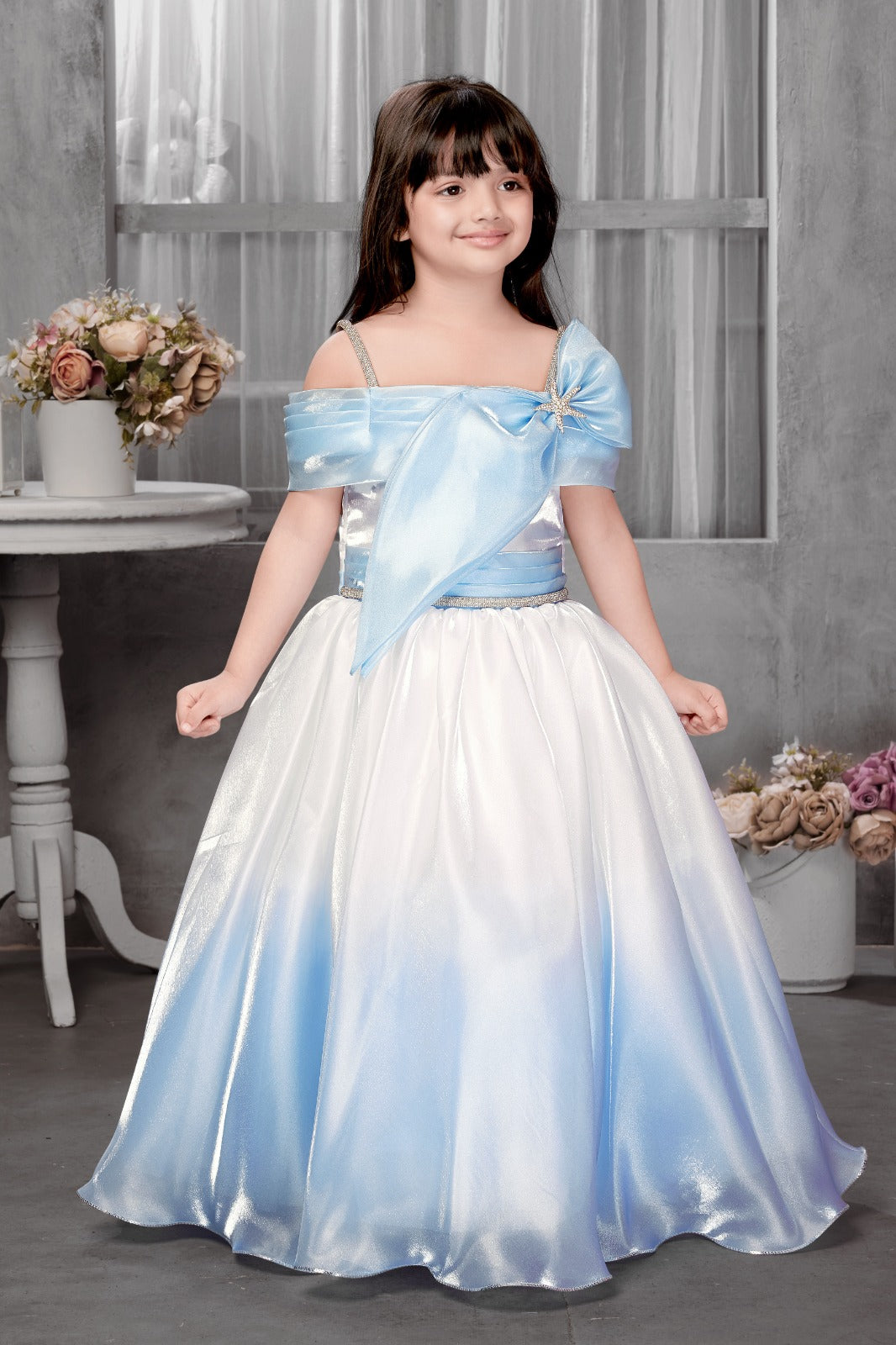 Icy Blue and White Satin Gown for Girls with Off-Shoulder Bow Gown - Inayah Fashion