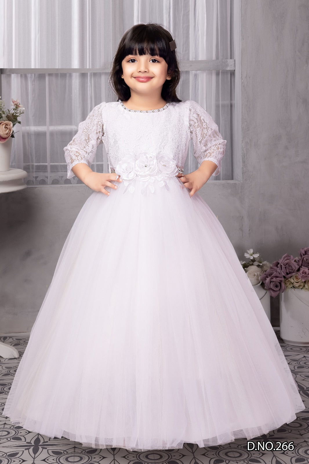 Elegant White Lace and Net Gown for Girls with 3D Floral Waist Appliqueand Half Sleeves Gown - Inayah Fashion