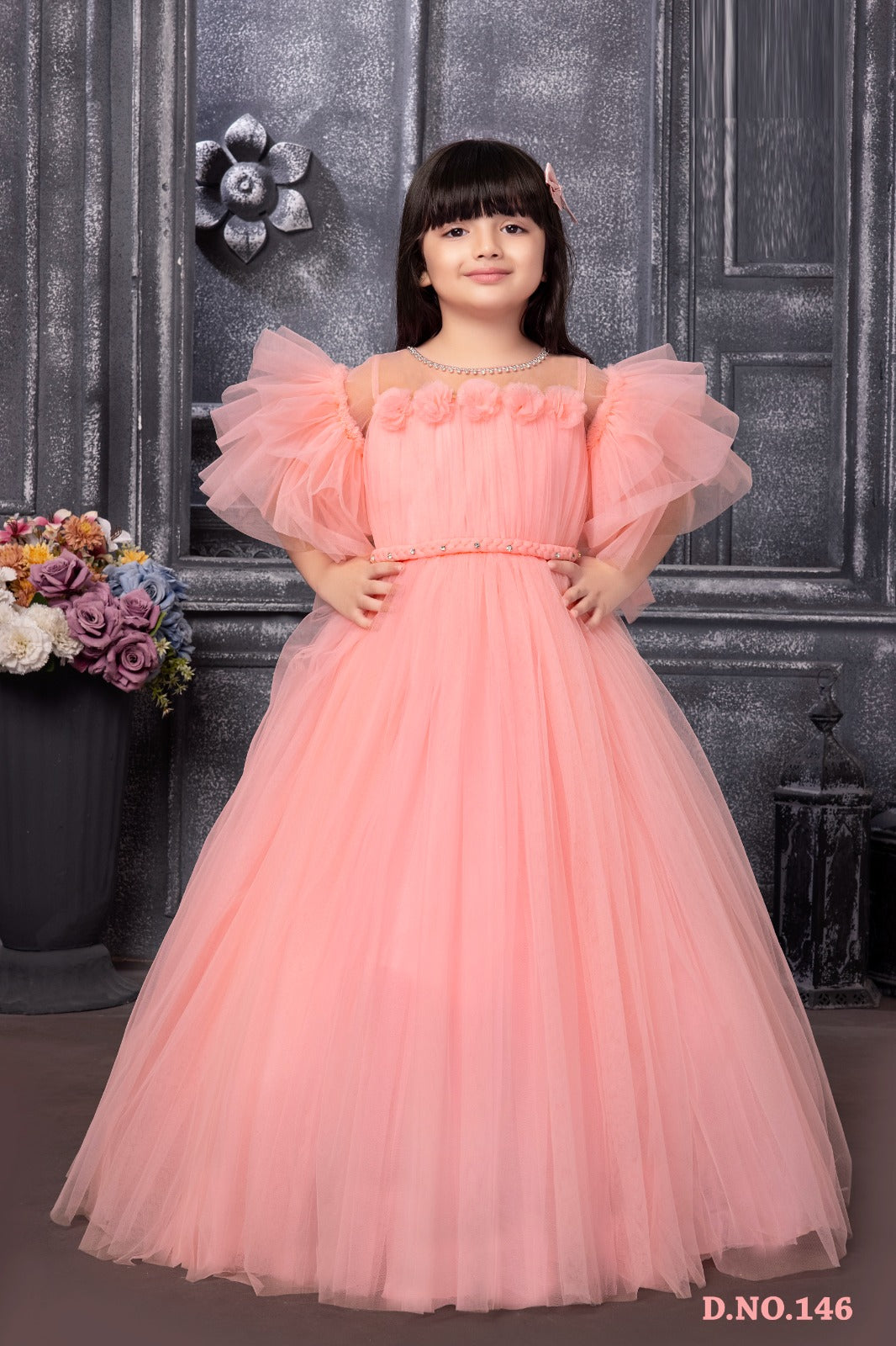 Princess Style Peach Pink Gown for Girls with Puffy Sleeves, Floral Neckline Gown - Inayah Fashion
