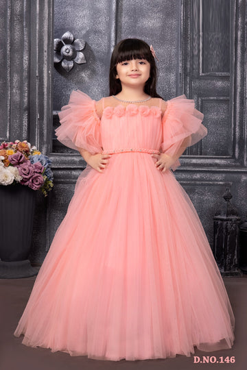 Princess Style Peach Pink Gown for Girls with Puffy Sleeves, Floral Neckline Gown - Inayah Fashion