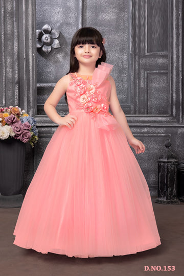 Peach Pink Floral Appliqué Net Gown for Girls with 3D Rosette Detailing Gown - Inayah Fashion