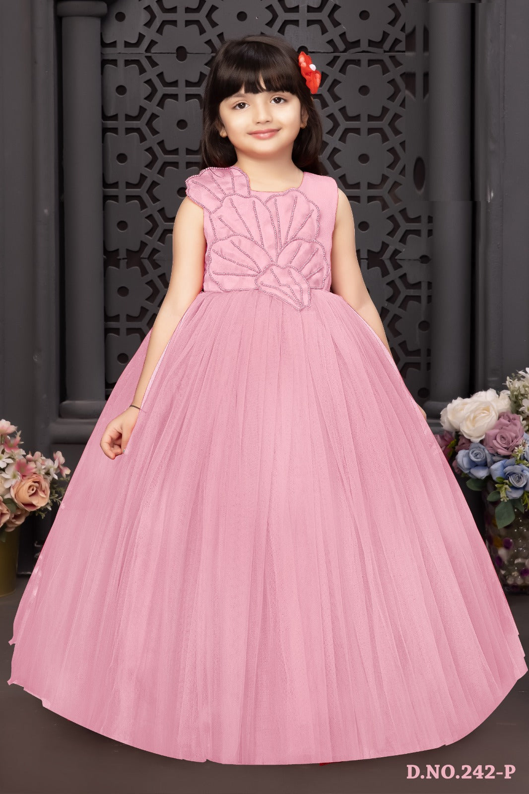 Elegant Baby Pink Designer Gown for Girls with 3D Leaf Pattern Embroidery - Inayah Fashion