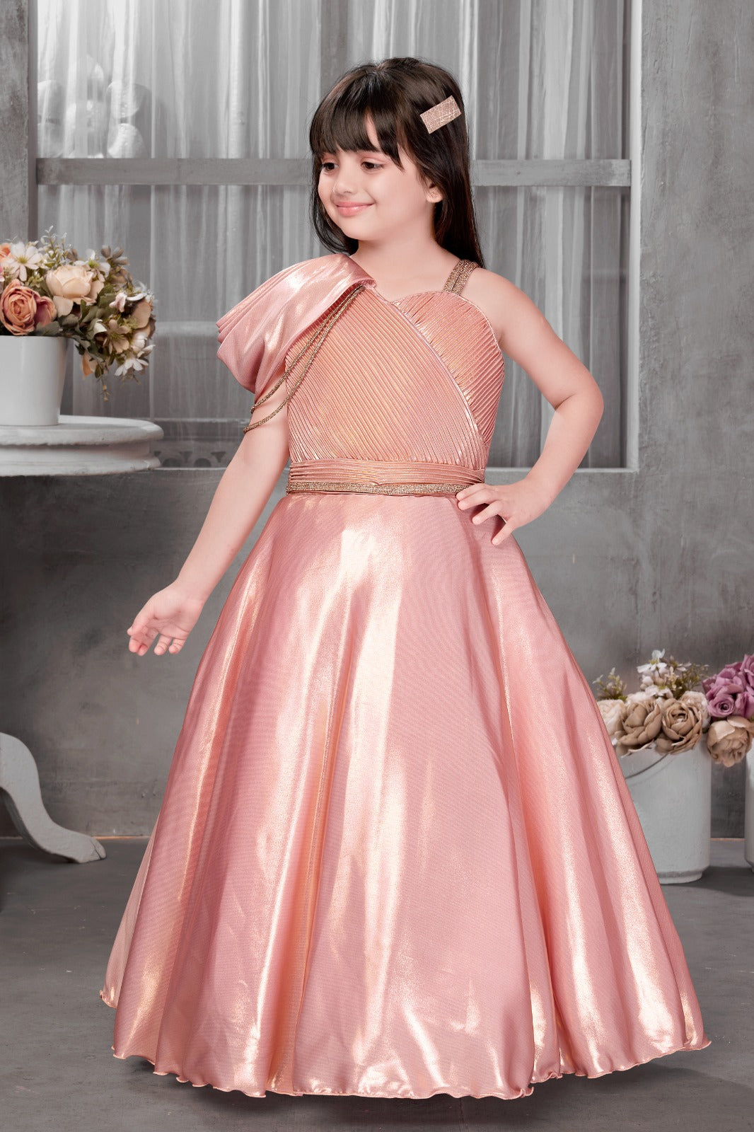Shimmering Rose Gold One-Shoulder Designer Gown for Girls with Pleated Bodice - Inayah Fashion
