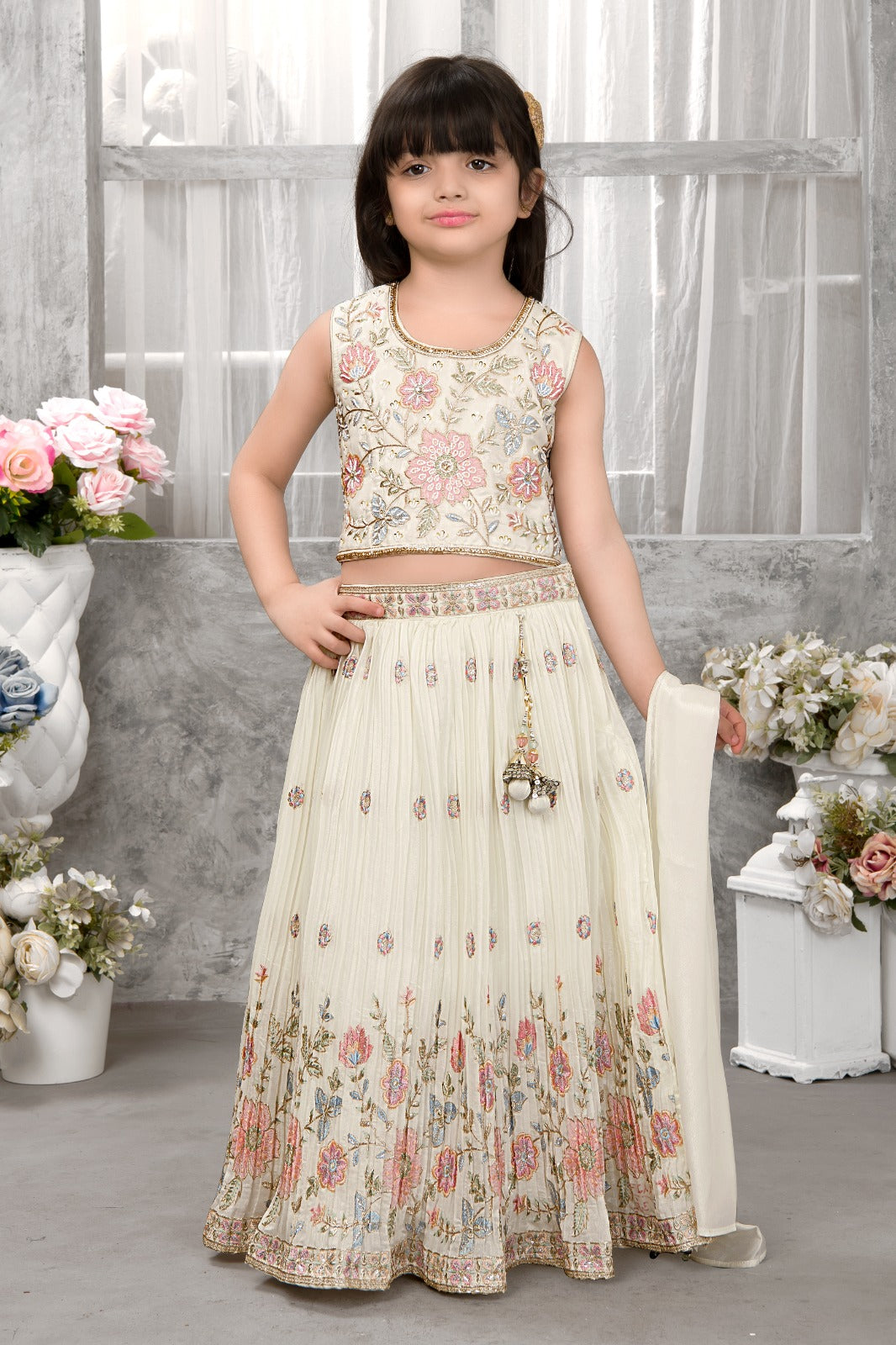 Ivory & Pastel Floral Embroidered Kids Lehenga Set - Inayah Fashion