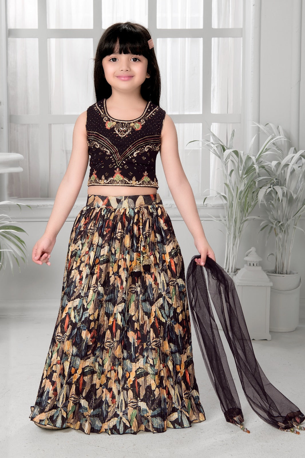 Elegant Black & Multicolor Printed Embroidered Kids Lehenga Set - Inayah Fashion