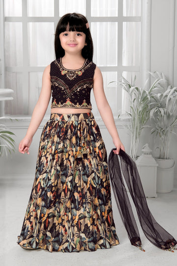 Elegant Black & Multicolor Printed Embroidered Kids Lehenga Set - Inayah Fashion