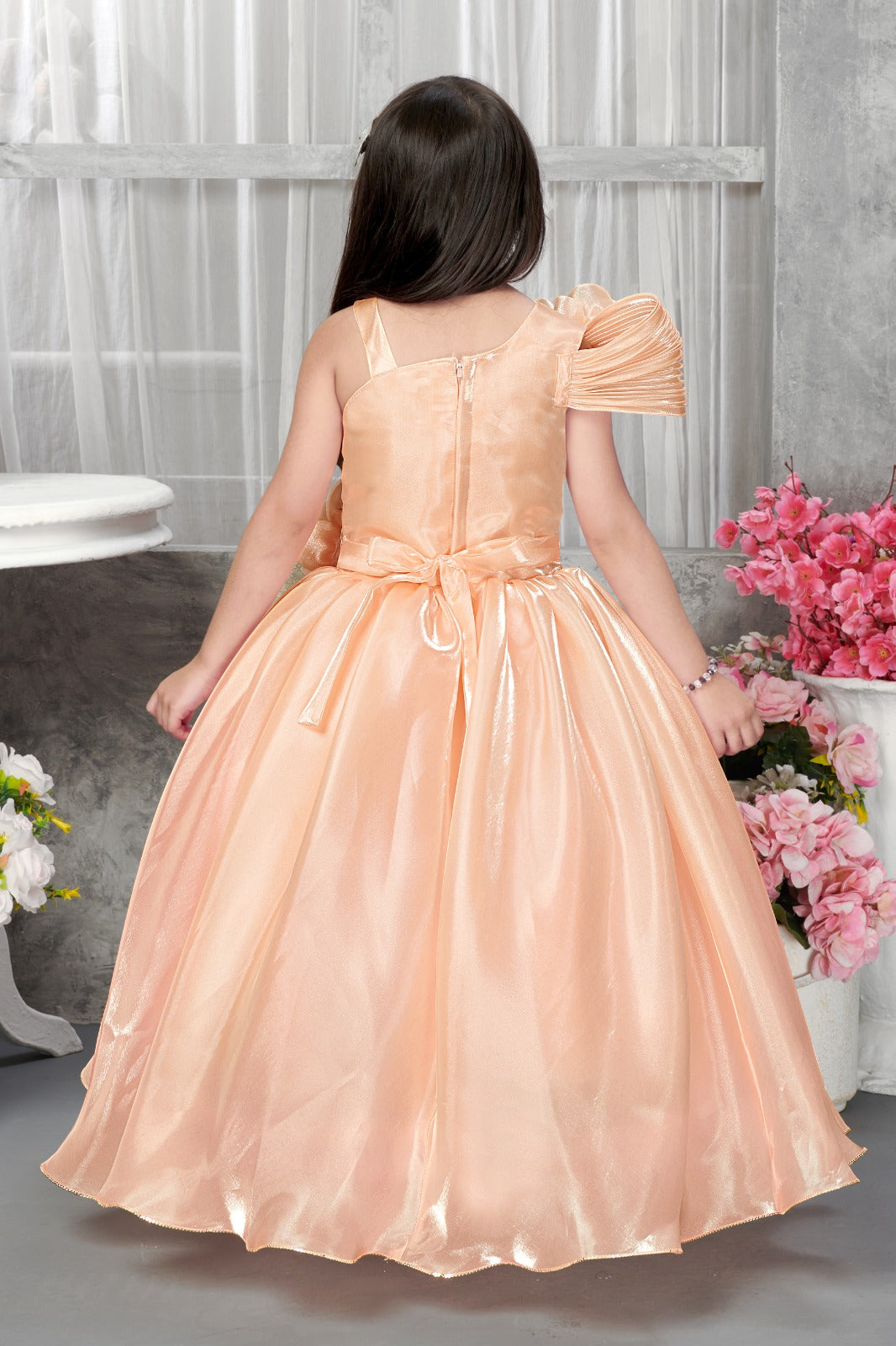 Elegant Peach One-Shoulder Floral Ball Gown Dress for Girls – Premium Satin Partywear for Birthdays & Special Occasions - Inayah Fashion