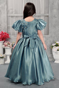 Teal Blue Puff Sleeve Satin Gown for Girls with Floral Appliqué – Elegant Birthday & Party Wear Full-Length Dress - Inayah Fashion