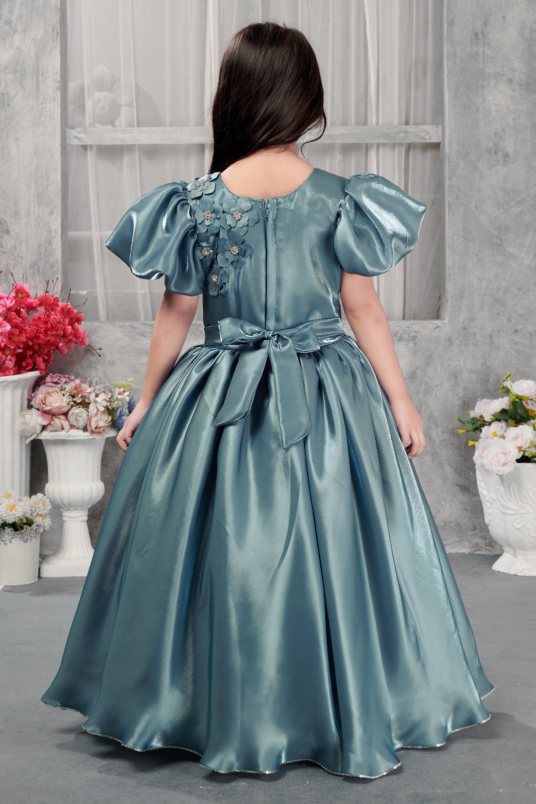 Teal Blue Puff Sleeve Satin Gown for Girls with Floral Appliqué – Elegant Birthday & Party Wear Full-Length Dress - Inayah Fashion