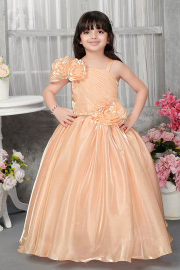 Elegant Peach One-Shoulder Floral Ball Gown Dress for Girls – Premium Satin Partywear for Birthdays & Special Occasions - Inayah Fashion