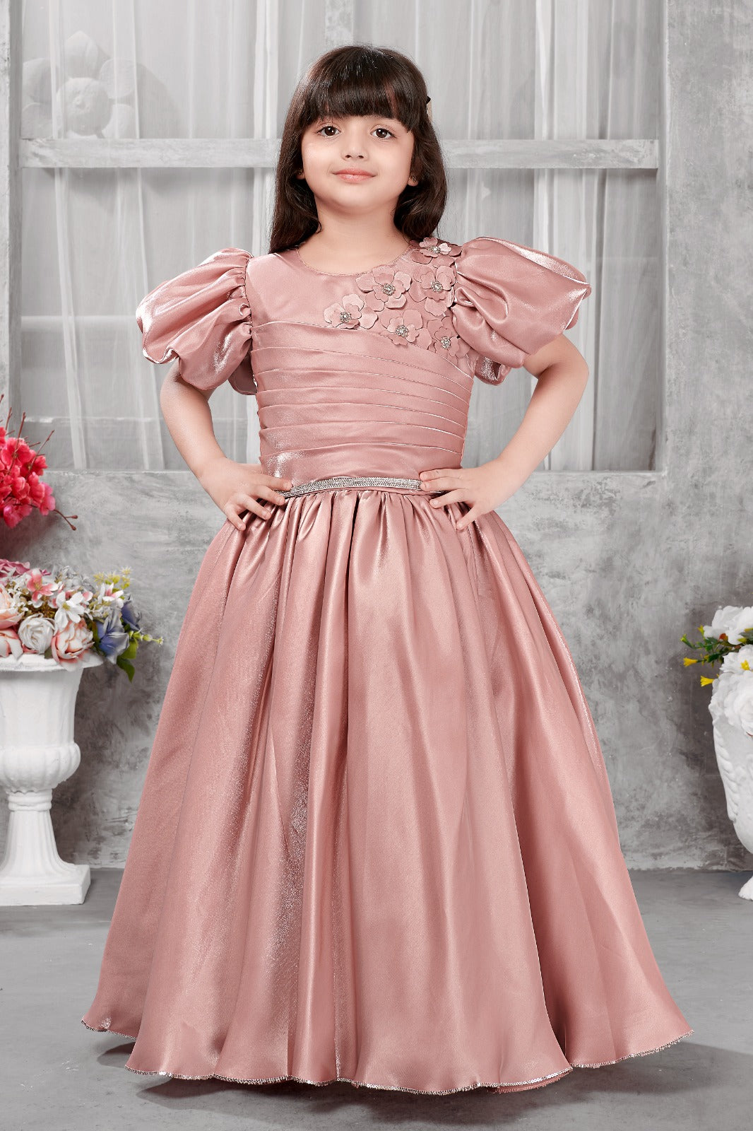 Rose Gold Puff Sleeve Satin Gown with Floral Appliqué for Girls – Elegant Party Wear Dress for Birthdays - Inayah Fashion