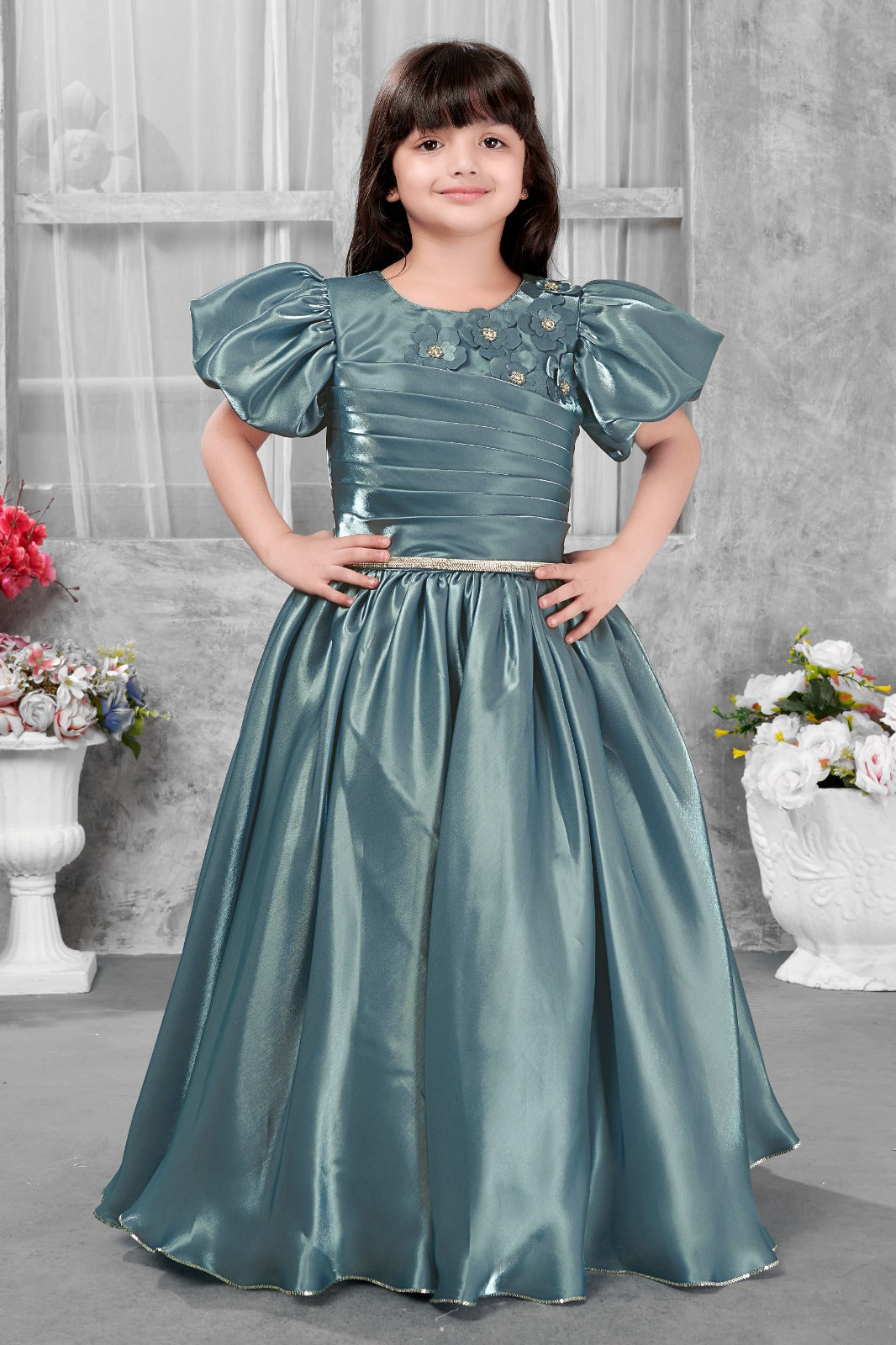 Teal Blue Puff Sleeve Satin Gown for Girls with Floral Appliqué – Elegant Birthday & Party Wear Full-Length Dress - Inayah Fashion