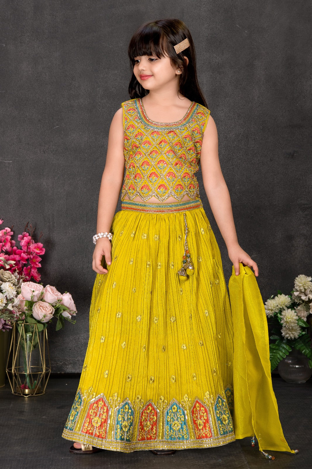 Bright Yellow Rajasthani Embroidered Lehenga Choli Set with Mirror Work & Multi-Color Border for Girls - Inayah Fashion