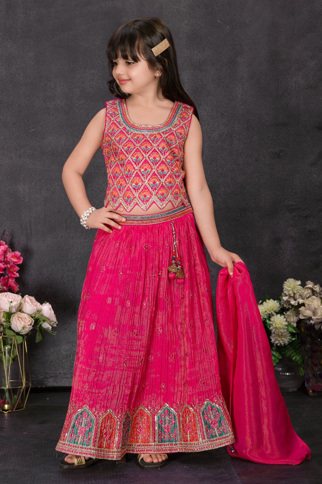 Lehenga Choli Set for Girls in Hot Pink with Embroidered Dupatta – Ethnic Festival & Wedding Wear - Inayah Fashion