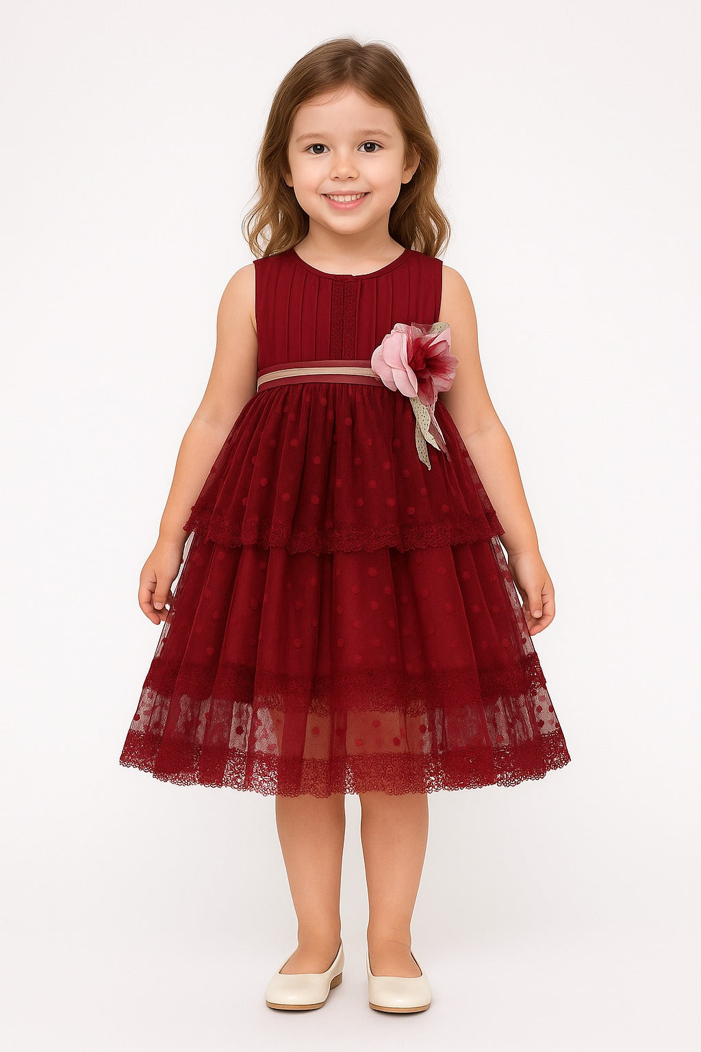 Elegant Maroon Sleeveless Party Dress for Girls | Tiered Polka Dot Net Frock with Floral Waist - Inayah Fashion
