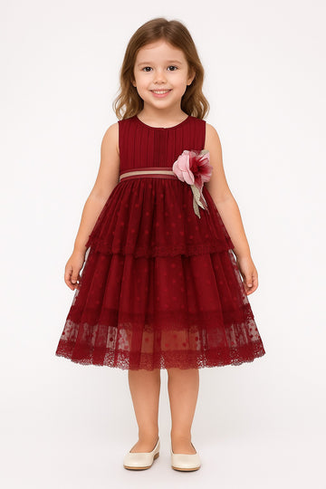 Maroon sleeveless party dress for girls with tiered polka dot net skirt and floral waist