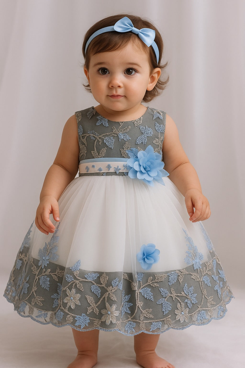 Frosted Bloom Party Dress – White & Blue Elegance - Inayah Fashion