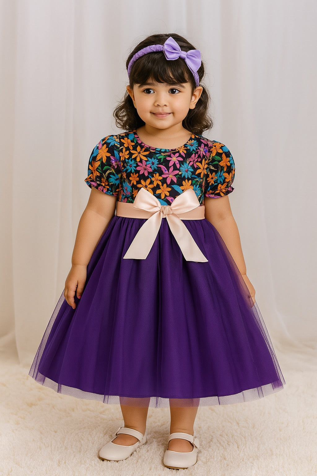 Girls Multicolor Floral Top with Purple Net Skirt and Bow – Party Wear Dress - Inayah Fashion