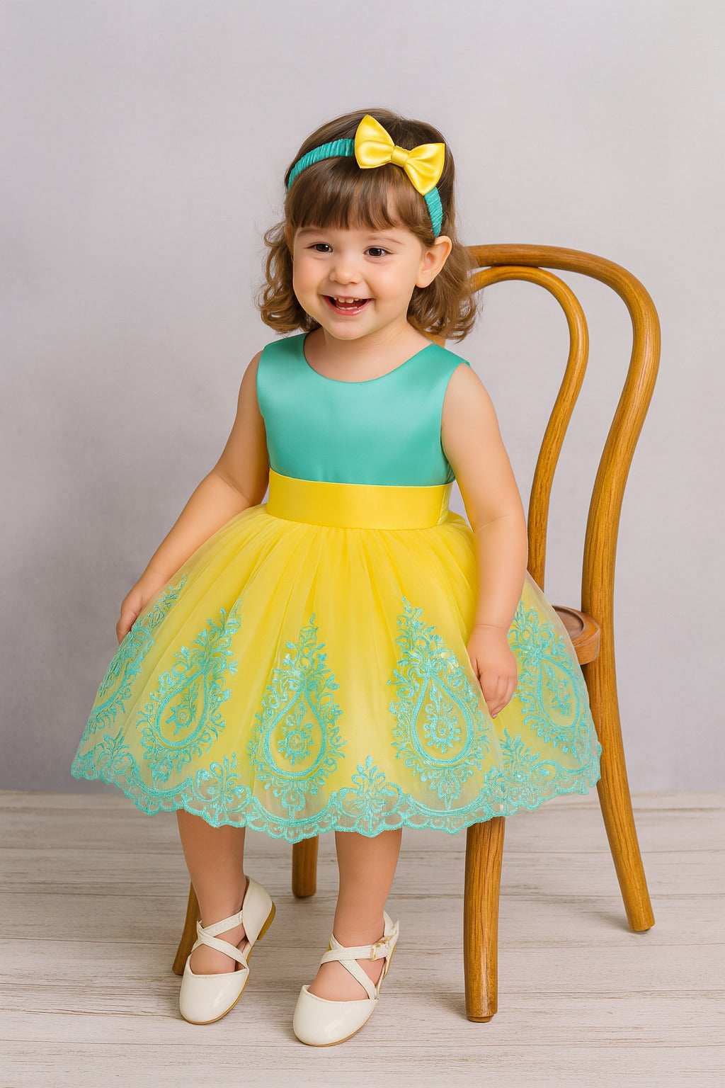 Sunshine Yellow & Aqua Green Embroidered Baby Frock with Matching Bow Headband - Inayah Fashion