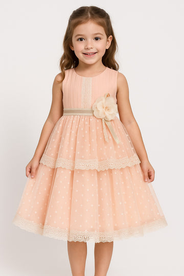 Elegant Peach Sleeveless Party Dress for Girls | Polka Dot Net Layered Frock with Lace & Floral Waist Belt - Inayah Fashion