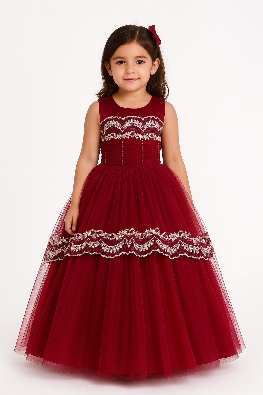 Maroon Sleeveless Embroidered Ball Gown for Girls with Lace - Inayah Fashion