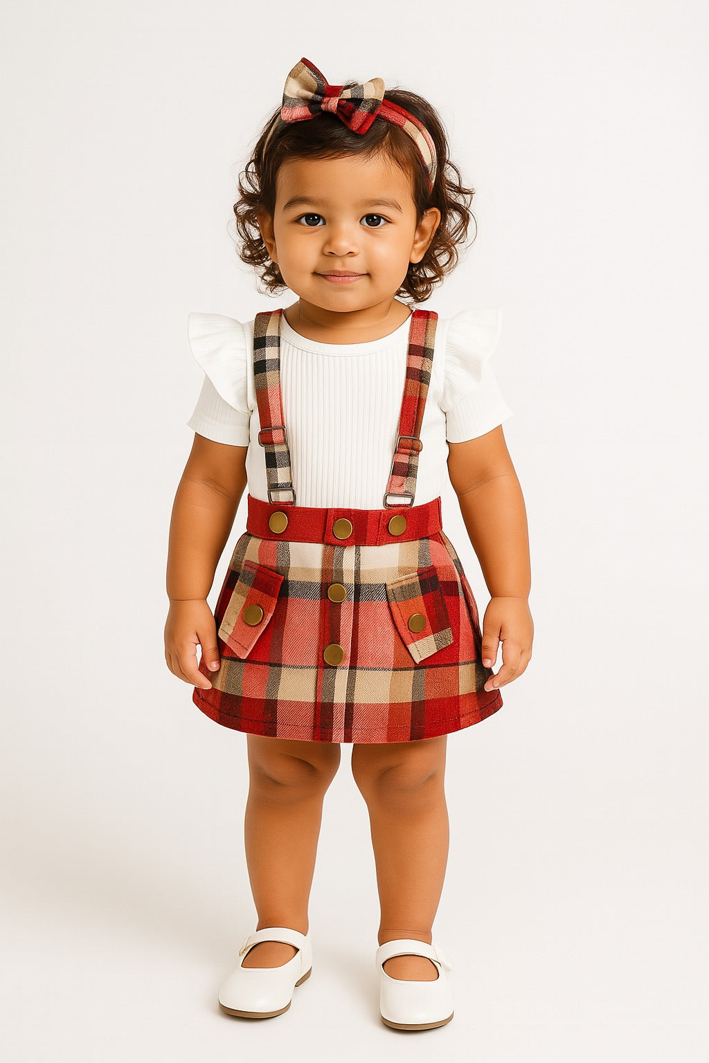Girls autumn high collar pit strip top plaid skirt children's two-piece set - Inayah Fashion