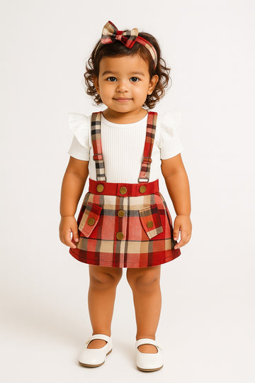 Girls autumn high collar pit strip top plaid skirt children's two-piece set - Inayah Fashion