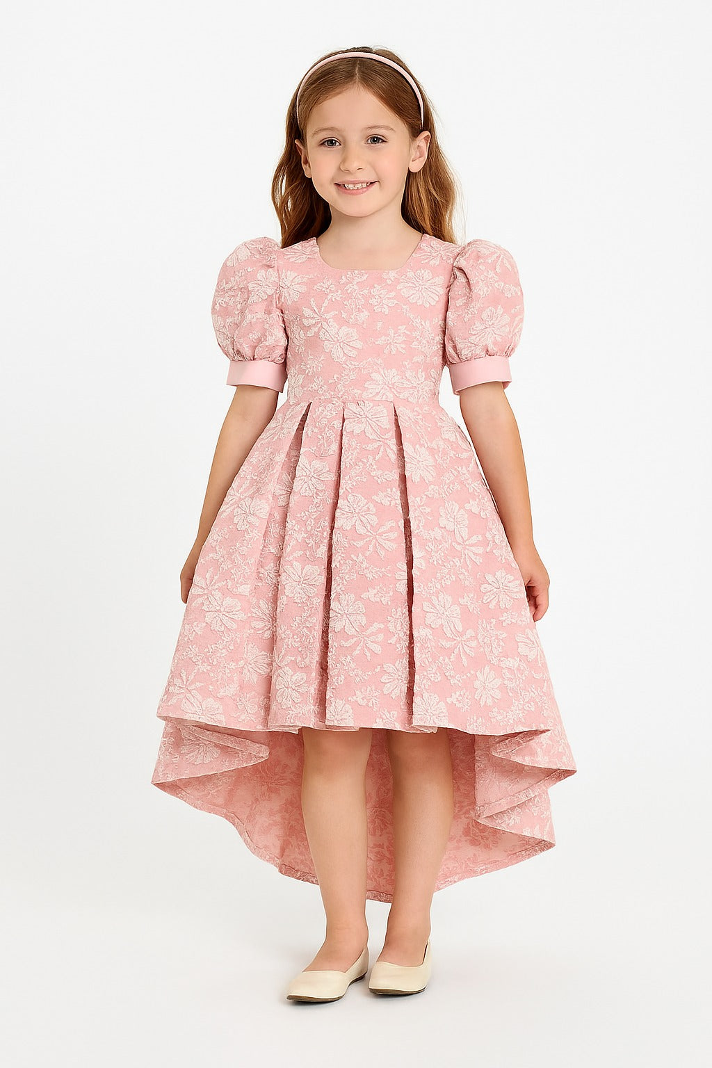Elegant Pink Floral High-Low Party Dress for Girls – Puff Sleeve Designer Gown - Inayah Fashion