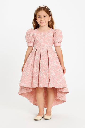 Elegant Pink Floral High-Low Party Dress for Girls – Puff Sleeve Designer Gown - Inayah Fashion