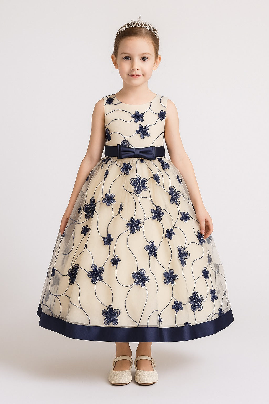 Elegant Cream and Navy Blue Floral Embroidered Gown for Girls with Satin Bow Waist and Net Overlay - Inayah Fashion